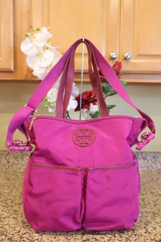 TORY Burch fuchsia nylon leahter convertible tote bag u700