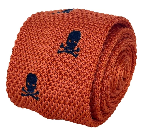 Frederick Thomas orange knitted tie navy skull & crossbone design
