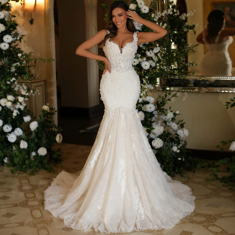 Luxury Mermaid Wedding Dress Spaghetti Straps Lace Applique Beaded Bridal  Gowns | eBay