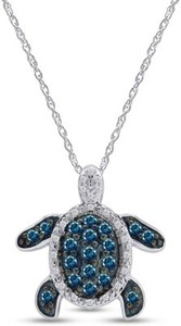 Authentic Blue & White Diamond Prong Set Turtle Pendant 14k Gold Plated Sterling Silver