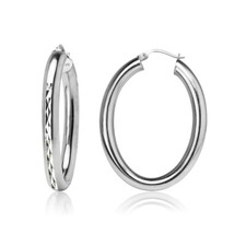 Sterling Silver 4.5mm Oval Diamond-Cut Hoop Earrings, 30mm
