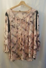 Signature Studio Blouse Women XL Rose Pink Plaid Roll Tab Sleeve Lace Drawstring