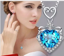 Sterling Silver Blue Topaz Flower Heart Love Pendant Necklace 18" Chain Gift Box
