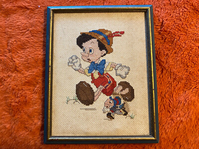 Vintage Disney Pinocchio and Jiminy Cricket Running Framed Cross Stitch