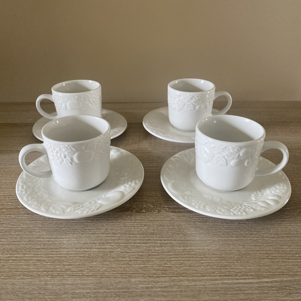 GIBSON White Stoneware Coffee Tea Mugs W/Saucer Embossed Fruit SET of
