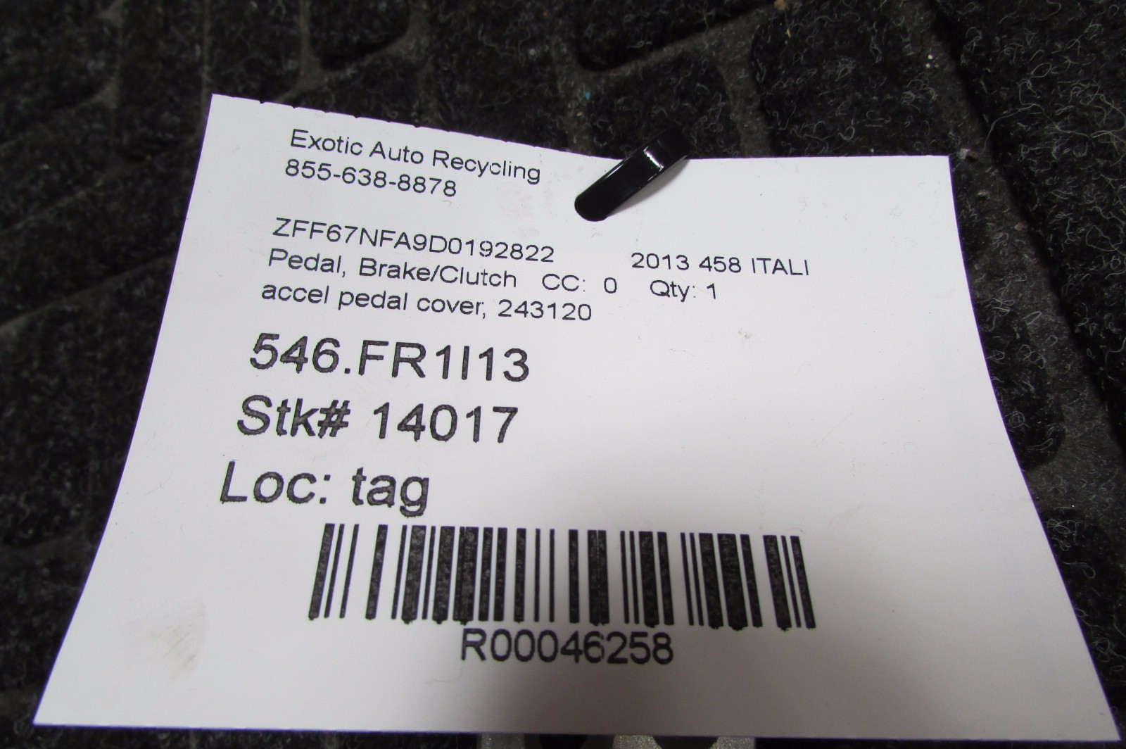 Ferrari 458 Italia Metal Accelerator Pedal Cover, Used, P/N 243120