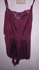 Vintg Teddy Cami Bodysuit By Blush Rare Maroon Lace Nylon Romper LG Blouson USA