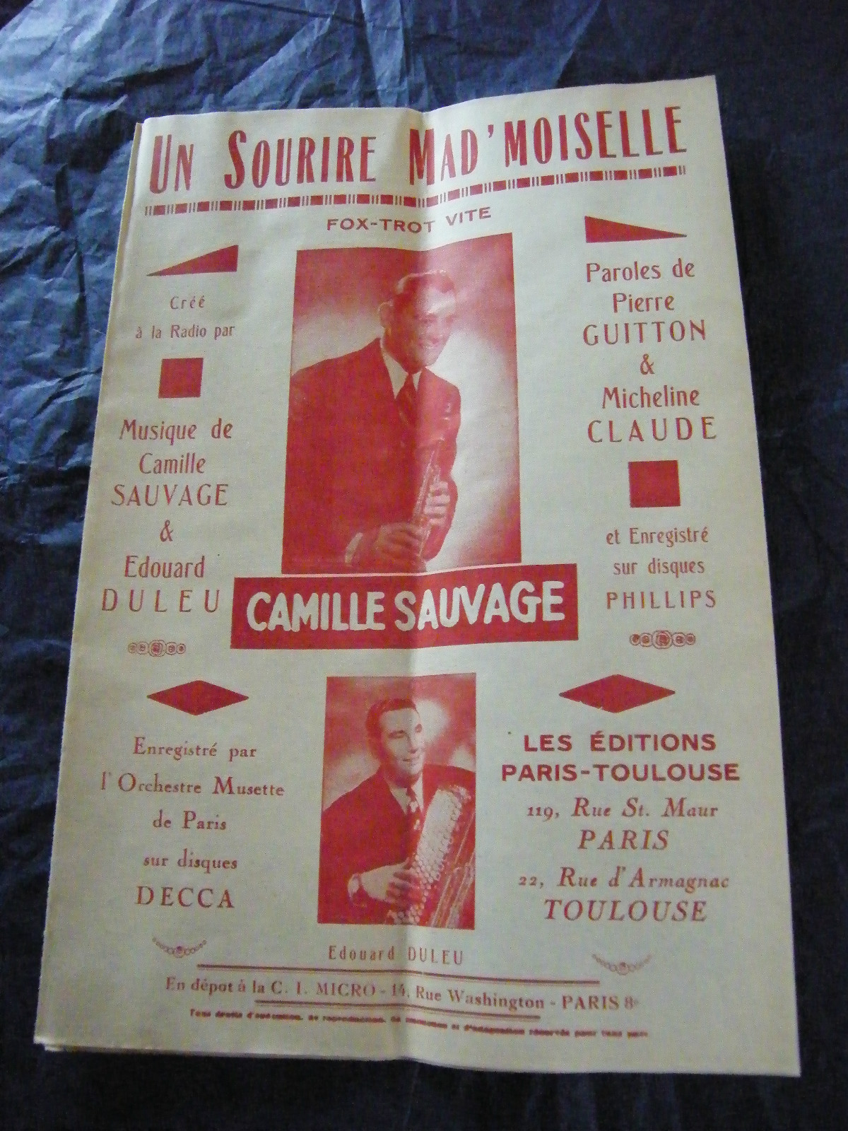 Partition A Smile Mad'moiselle Camille Sauvage Edouard Duleu 1952 Music Sheet