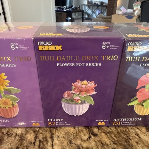 Micro Brix Buildable Brix Trio--Flower Pot Series-Sunflower/Peony/Anthurium--NEW - Picture 8 of 9