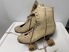   Vtg 1930s Chicago White Roller Skates Size 7 Wood Wheels Leather Good Year