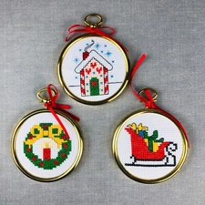 Cross Stitch Christmas Ornament lot 3 Completed Framed House Sleigh Wreath VTG