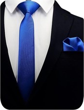 2.4" Slim Necktie and Handkerchief Set For Men Solid Skinny Tie Royal Blue