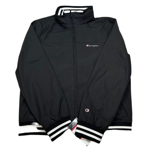 Champion Bomber Jacket Mens Medium Black Full Zip Windbreaker Striped Cuffs NEW - product listing photo