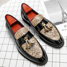 Sequins Slip on Party Dress Mens Faux Leather Nightclub Tassel Shoes Pointed Toe