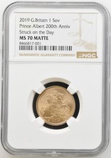 2019 Gold Sovereign, STRUCK ON THE DAY, Prince Albert 200th Anniv, MS 70 MATTE