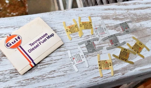 LOT Vintage Gulf Gas & Oil Collectibles Diesel Fuel Map Metal Calendars Tabs NR