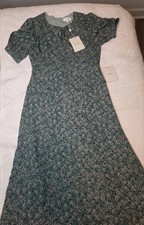 böhme Womens S Green Floral Round Neck Puff Sleeve A-Line Midi Chiffon Lined