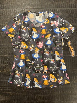 Cherokee Disney Tooniforms Alice in Wonderland V Neck Scrub Top Small NWT