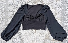 Black 90s Y2K Mall Gothic Ruched Bustier Cropped Sheer Balloon Sleeve Blouse Top