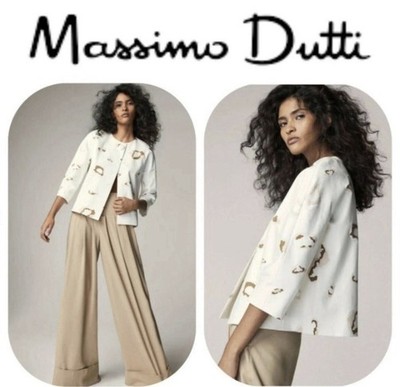 Massimo Dutti Jacket White Animal Print Blazer 100% Cotton With 3/4 Sleeve, US 4