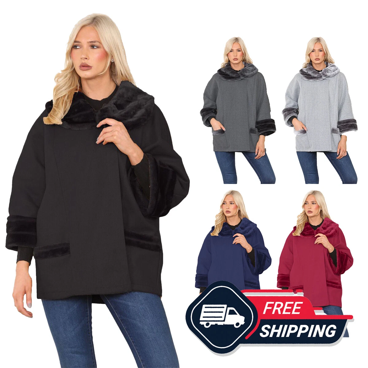 Women Italian Warm Faux Fur Cape Poncho Winter Coat Two Pockets Casual UK 8-20