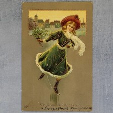 New Year Fashion girl skates Tsarist Russia postcard sent girls school 1909s