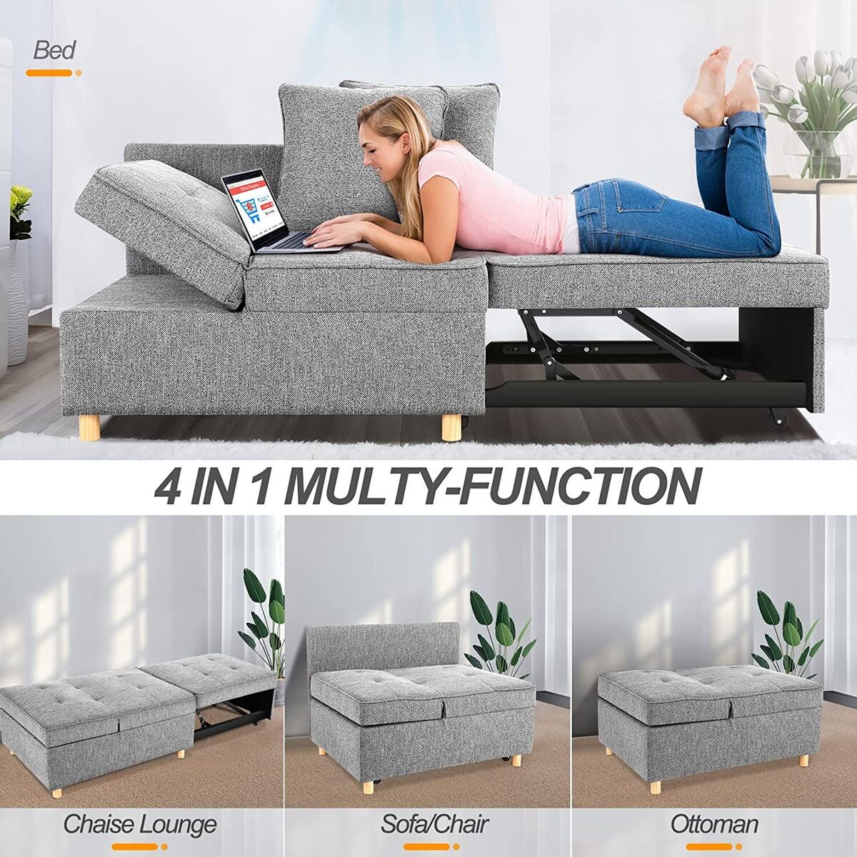 Foldable Sofa Bed Chair Sleeper Chair Ottoman Chaise Lounge Adjustable  Backrest 