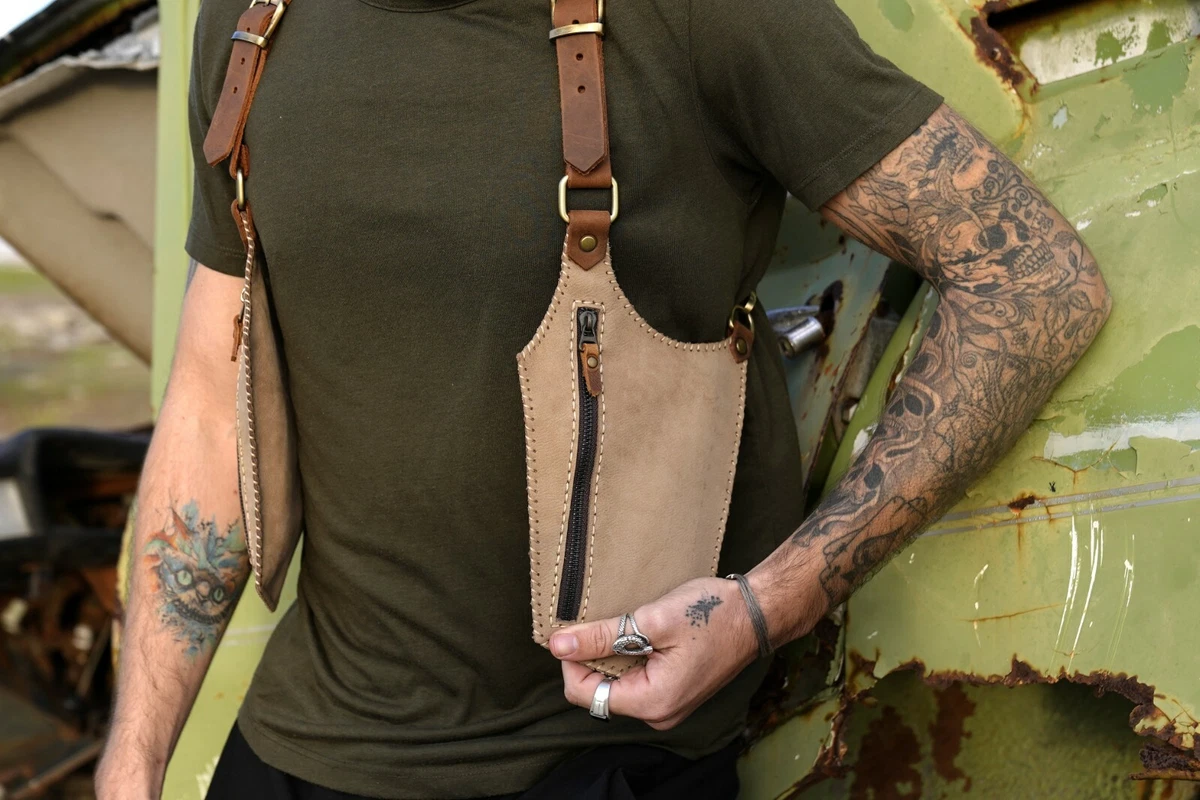 Beige Leather Holster Bag Leather Harness Vest Burning man Bag