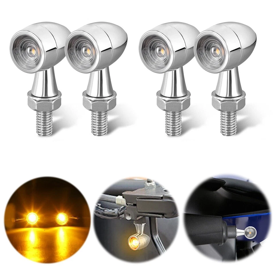 8X Chrome Motorcycle Indicators LED Turn Signal Light Amber Blinkers, E-marked