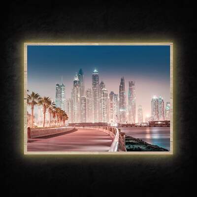 LED Leuchtbild - Dubai Skyline - Leuchtendes Wandbild mit Rahmen Made in Germany