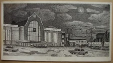 Ukrainian Soviet USSR ink drawing Kyiv train station architecture car city night