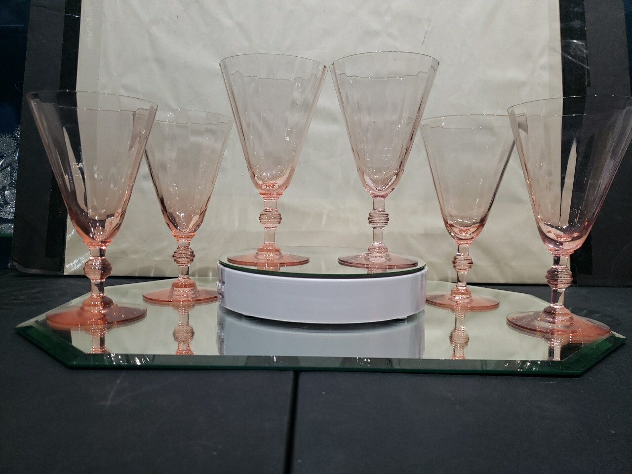 (6) Water Goblets glasses 6-5/8",  Fry co. Fry17-6 Pink Optic wafer stem 17