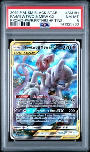 2019 POKEMON SM BLACK STAR PROMO #SM191 FULL ART/MEWTWO & MEW GX PSA 8