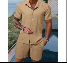 Mens Summer Outfit 2-Piece Set Casual Short Sleeve Shirts and Shorts Suits Set  