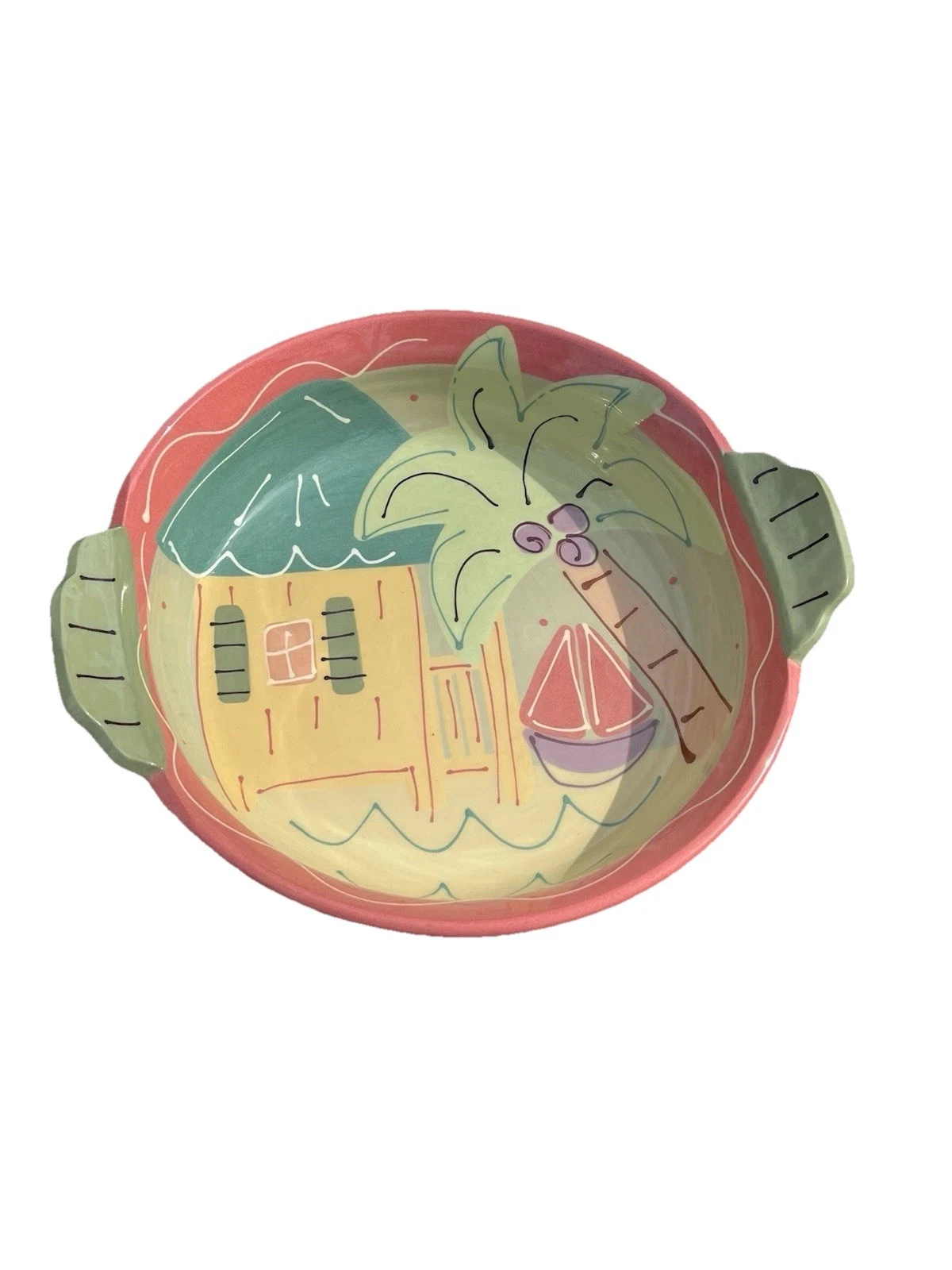 Susan Painter Studio Ceramic Tropical Scene Pie Plate Bowl 10.5”