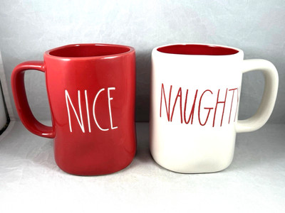 Naughty Nice Christmas Rae Dunn Artisan Collection Magenta Coffee Mug Lot of 2