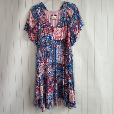 By Anthropologie size L Robin tiered mini dress pink blue patchwork floral boho