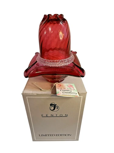FENTON GLASS 95th ANNIVERSARY 3 Pc CRANBERRY SPIRAL FAIRY LAMP