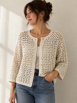Cynthia Steffe Ivory Beaded Cardigan Sweater Size L Cotton Boho Beach Resort