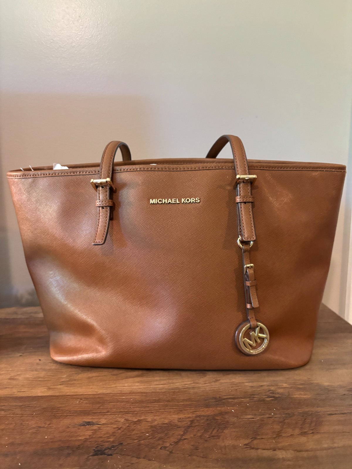 Michael Kors Jet Set Travel Brown Leather Tote Bag Gold Hardware Medium