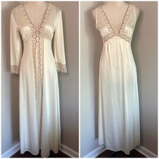 VTG Lorraine 70s Peignoir Gown Robe Set Ivory Satin Brown Lace USA XS Pristine
