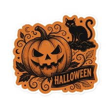 Spooky Halloween Pumpkin Black Cat Sticker   Durable Vinyl Decal