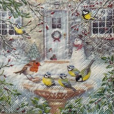 2 x Cocktail paper napkins for decoupage Joy bath winter birds robin blue tits