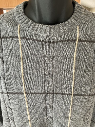 Basic Editions Knit Sweater Men's Large Gray Tan Brown Checkered Crew Neck - Picture 3 of 8