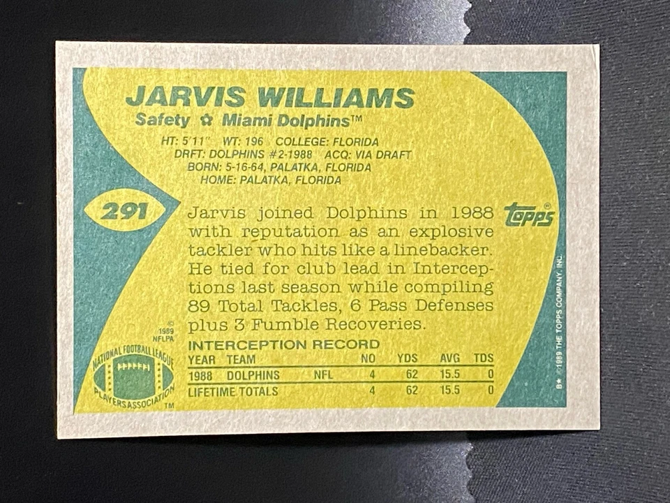 DOLPHINS JARVIS WILLIAMS SIGNED | 1989 TOPPS NFL ROOKIE CARD - Image 2 of 2