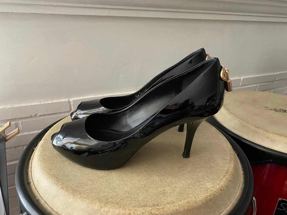 Louis Vuitton Oh Really Black Patent Gold Lock Platform Peep Toe Pumps 36.5  6.5