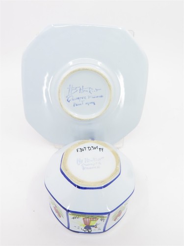 Henriot Quimper Mistralblau achteckiges Set 6 flache Teetassen & Untertassen kein Gitter - Bild 7 von 10