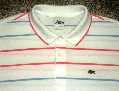 NWOT Men's LACOSTE Polo L (Eur 6) WHITE Striped w/Lacoste Logo ~ Mesh Cotton