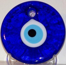 4" 11 cm Round Blue Glass Turkish Evil Eye Judaica Wall Good Luck Charm
