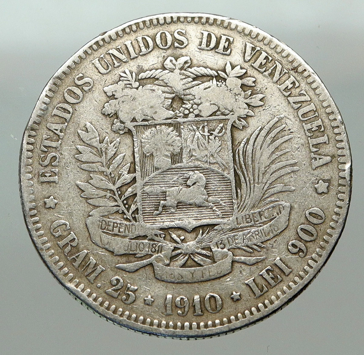 貨幣 ベネズエラ 銀貨25g☆5 ボリバル銀貨 1910年☆SV900 古銭 硬貨